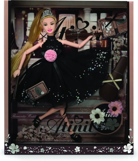 Bábika v spoločenských šatách s doplnkami 28 cm