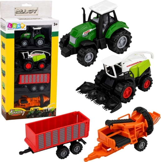 Sada poľnohospodárskych vozidiel – traktor, rezačka, príves a lis (4 ks) 1:68