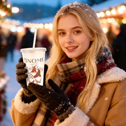 Vianočný plastový pohár so slamkou a viečkom 473 ml