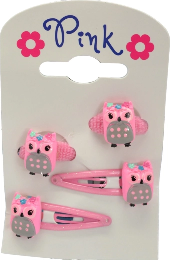 Veľká sada sponiek a gumičiek do vlasov Sova – ružová