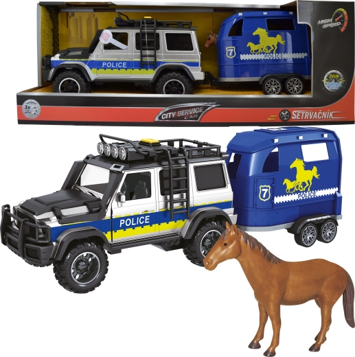 Policajné auto s prívesom a koňom 1:14 so svetlami a zvukmi
