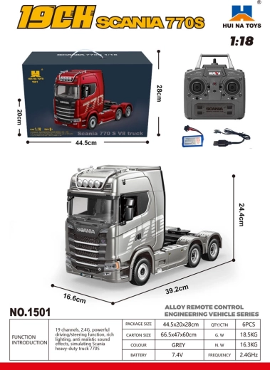 Diaľkovo ovládaný kamión Scania 770S 1:18 sivý