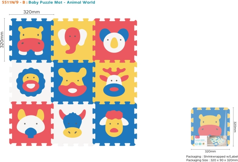 Penené puzzle podložka so zvieratkami 9 ks, EVA, 10m+, skladanie 3D tvarov