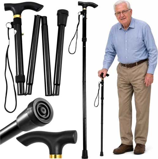 Skladacia teleskopická palica na chodenie pre seniorov, čierna 85–95 cm