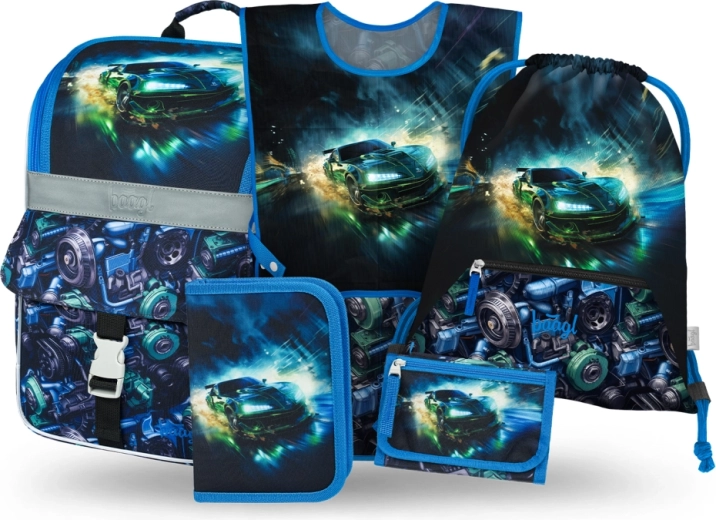 Baagl školský set 5 ks Zippy pretekárske auto – aktovka, peračník, vrecúško, zástera a peňaženka