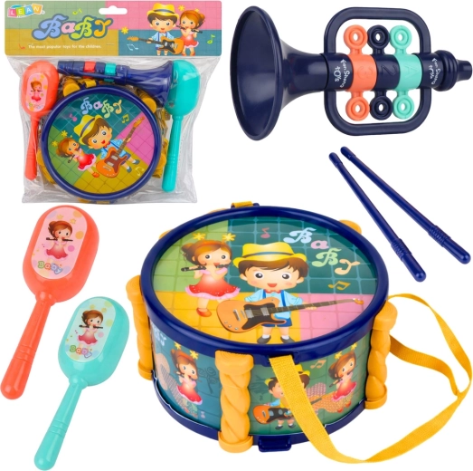 Hudobný set pre deti – bubienok, trúbka a hrkálky