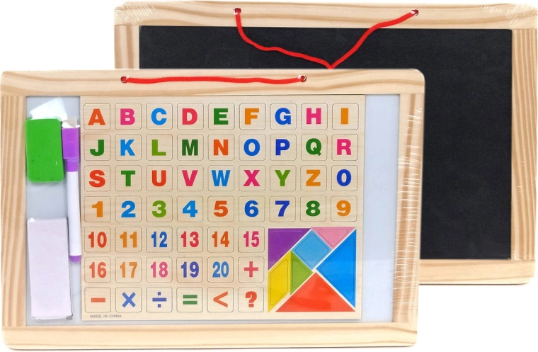 Obojstranná magnetická tabuľa na kriedy a fixky s písmenami, číslami a puzzle