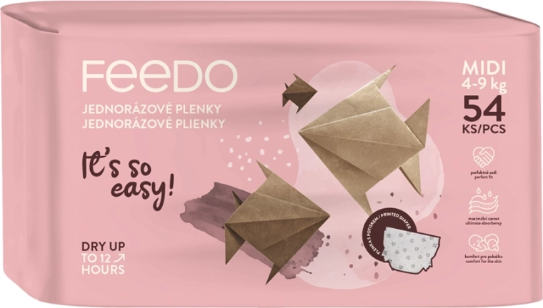 Jednorazové detské plienky FEEDO Midi 3 (4–9 kg), 54 ks