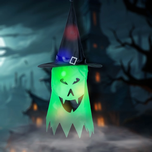 Halloweenová závesná LED dekorácia duch zelená