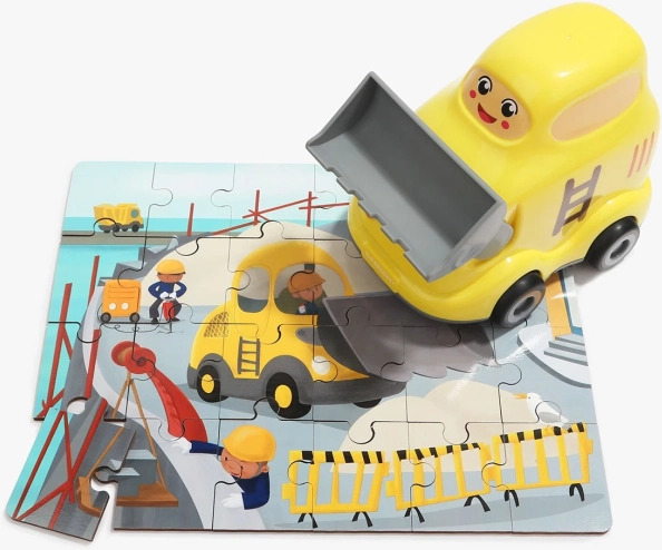 TOP BRIGHT drevené puzzle s hračkou – buldozér, 24 dielikov