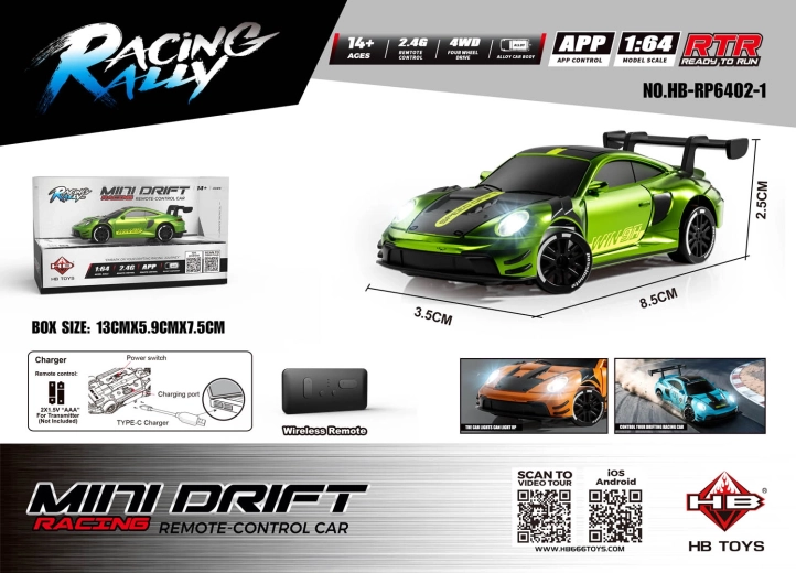 R/C auto Mini Drift SmokeRacer zelené v mierke 1:64