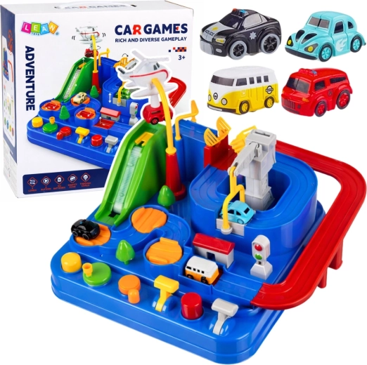 Interaktívna autodráha s prekážkami a parkoviskom, 4 autá a vrtuľník – modrá
