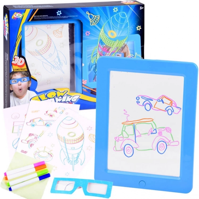 Podsvietená kresliaca tabuľka s 3D okuliarmi a neónovými fixkami – Modrá