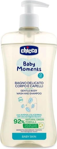 Chicco jemný šampón na vlasy a telo Baby Moments 92 % prírodných zložiek 500 ml