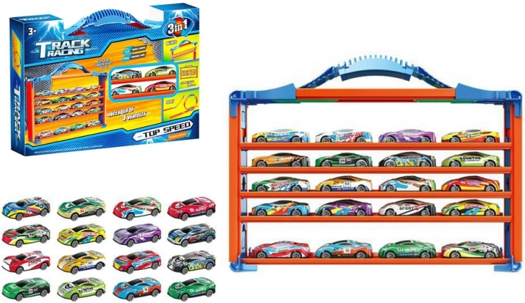 Sada pretekárskej dráhy s prevrátenými slučkami a úložným regálom na autíčka