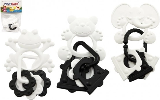 Hryzátko zvieratká s príveskami, čiernobiele, 9 cm