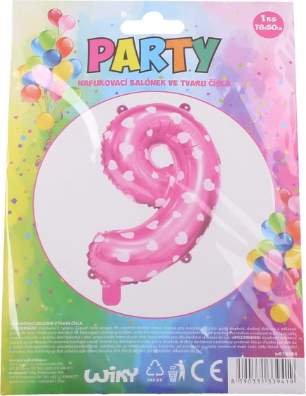 Nafukovací balón číslo 9 ružový so srdiečkami