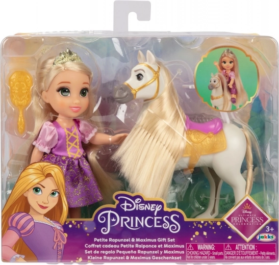 Princezná RAPUNZEL alebo BELLE s koníkom a kefou, bábika 15 cm