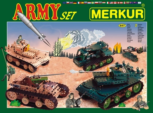 Stavebnica Merkur Army set 674 ks, dvojvrstvová krabica 36 × 27 × 5,5 cm