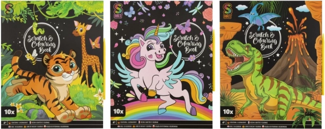 Vyškrabovacia a omaľovánková sada pre deti – 10 hárkov s plastovým perom