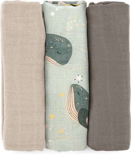 Petite&Mars bambusové mušelínové plienky Moussy whale song 68 × 68 cm, 3 ks