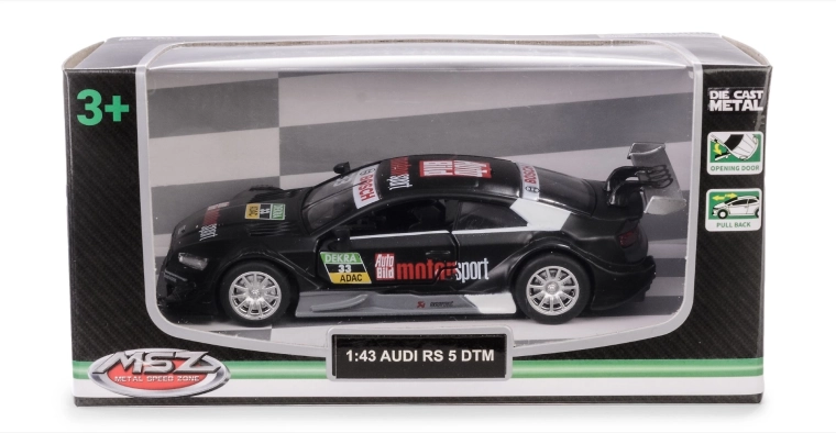 Model auta AUDI RS 5 DTM 1:43 čierny kovový s otváracími dverami a pull-back