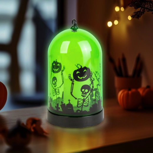 Halloweenska LED lampáš so vzorom kostry zelená
