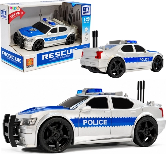 Policajné auto na batérie 1:20 so svetlami a zvukmi, strieborné