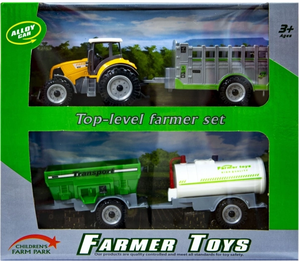 Oranžový traktor s vymeniteľnými prívesmi
