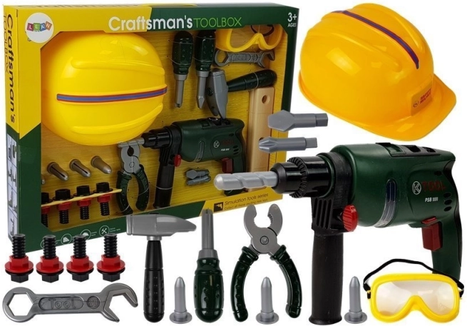 Súprava detských dielenských nástrojov s vŕtačkou, ochrannými okuliarmi a helmou