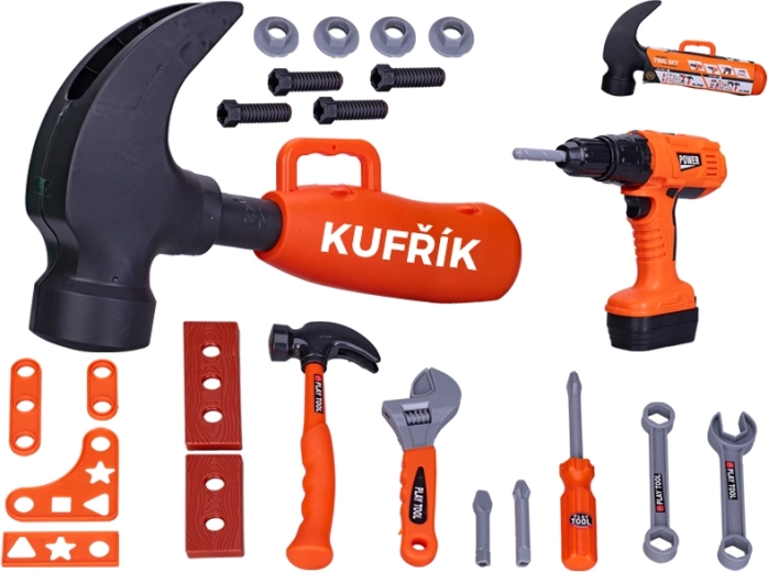 Detská súprava náradia s akumulátorovou vŕtačkou v kufríku v tvare kladiva