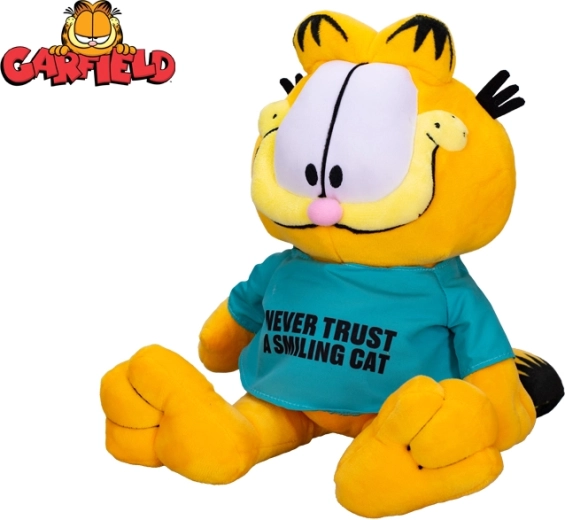 Plyšový kocúr GARFIELD 28 cm – tričko „Never trust a smiling cat“