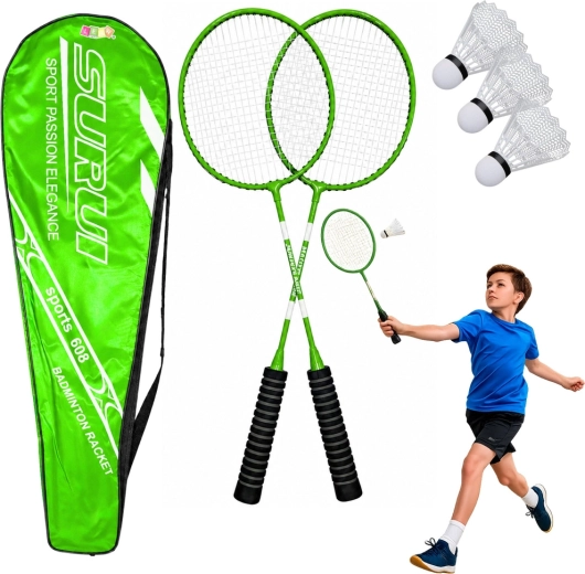 Zelený badmintonový set: 2 rakety, 3 plastové košíčky a taška