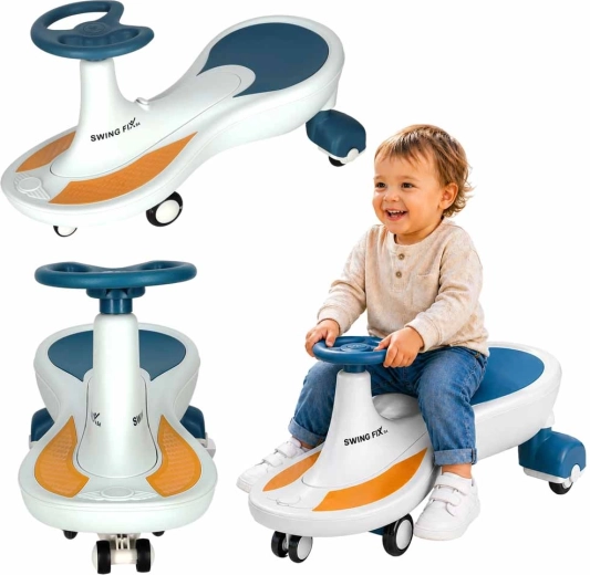 Detské gravitačné odrážadlo Swing Fix S4 s LED kolesami a hudbou – Modro-biele