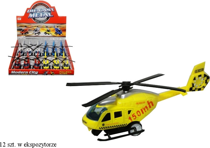 Kovovo‑plastový záchranársky vrtuľník s naťahovacím pohonom