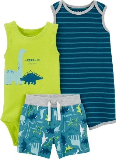 Carter's letný set pre chlapcov Stripes Dinos – overal s krátkym rukávom, body bez rukávov a kraťasy (3 diely) – 6m