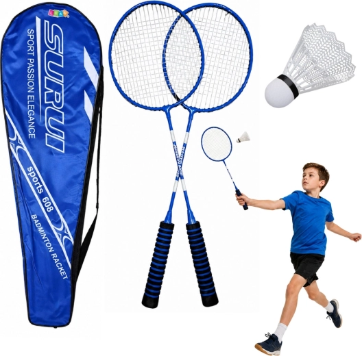 Sada na bedminton – 2 rakety, plastový košík a puzdro (modrá)