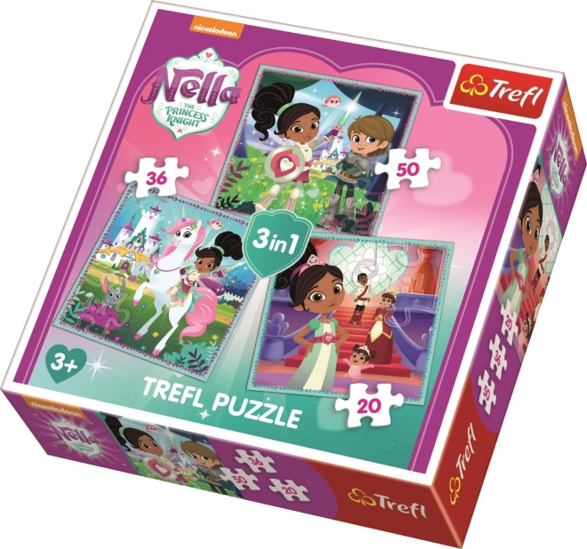 Trefl puzzle Nella, princezná rytierov – sada 3v1 (20, 36, 50 dielikov)