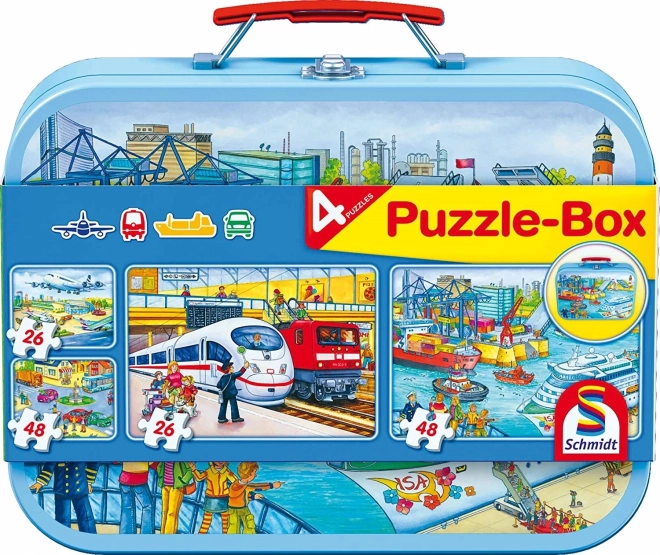 Puzzle doprava 4v1 v plechovom kufríku
