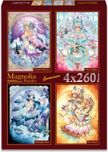 Magnolia puzzle krištáľový jednorožec, biely králik, polnočná modrá a mesiac 4×260 dielikov