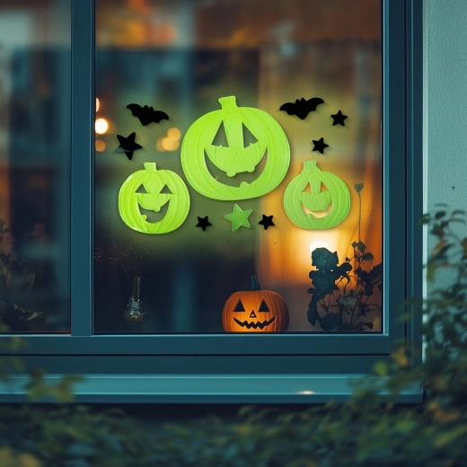 Fosforeskujúca halloweenska dekorácia na okno tekvice 29 × 16 cm