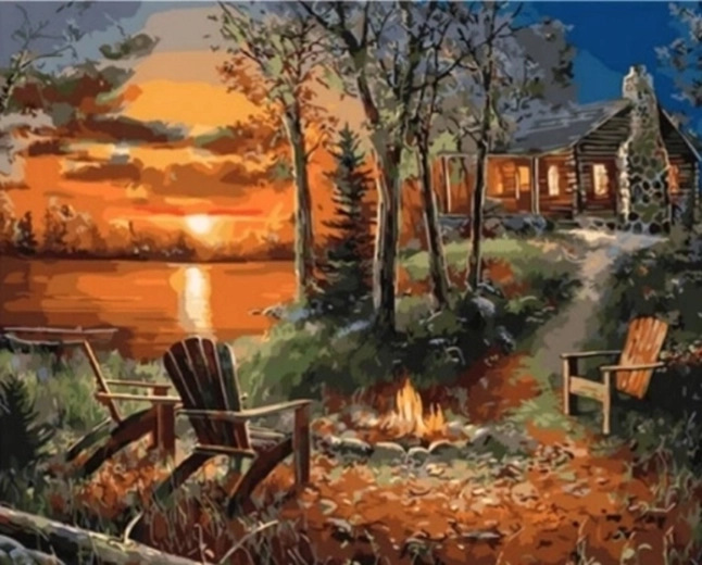 Norimpex Maľovanie podľa čísel Dom s krbom pri západe slnka 40 × 50 cm