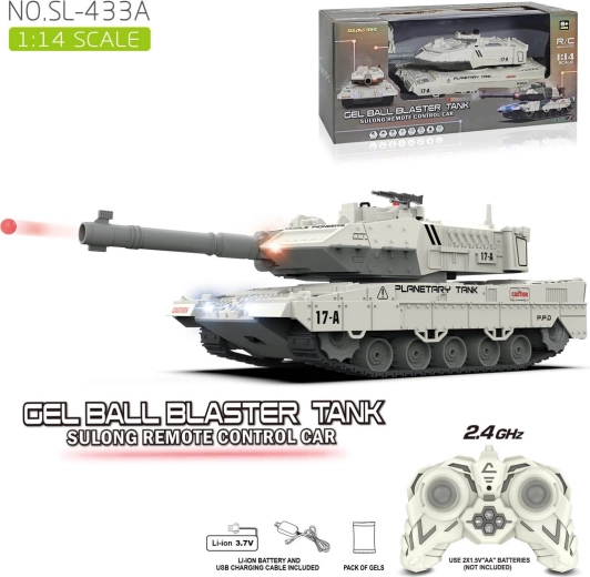Diaľkovo ovládaný biely tank so streľbou gélovými guľôčkami