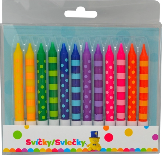 Narodeninové sviečky 8 cm s bodkami a pruhmi, 12 ks