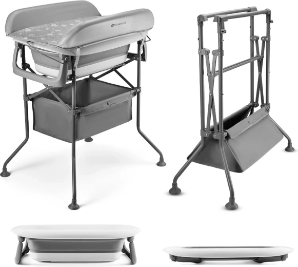 Kinderkraft prebaľovací stolík s vaničkou Bubbly Grey – skladací prebaľovací pult a detská vanička