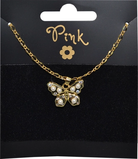 Pozlátený náhrdelník s príveskom motýľa a perlami