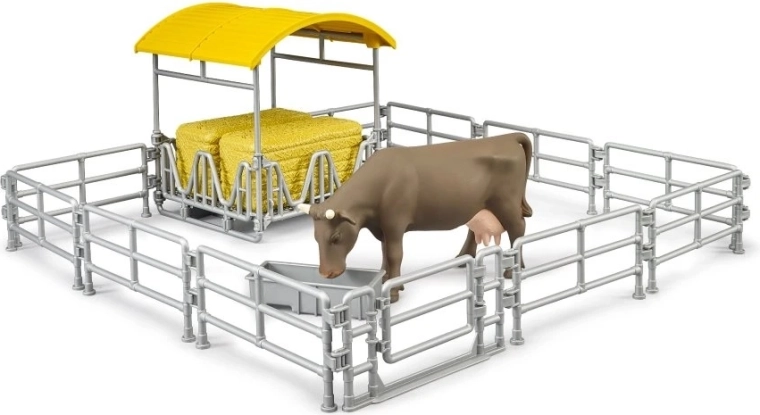 Bruder senník s ohradami a krávou – farmársky herný set