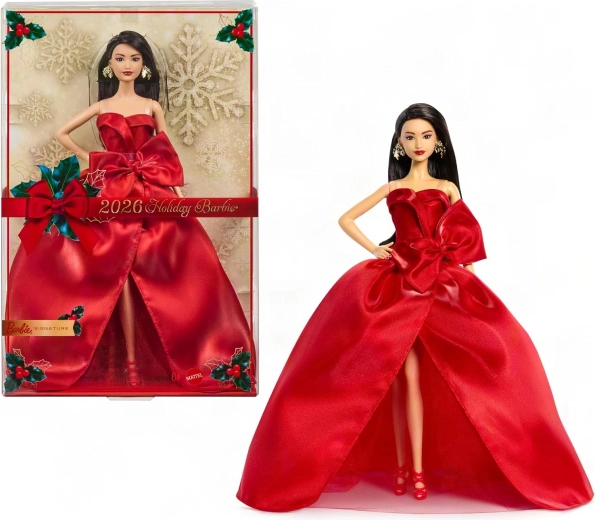 Mattel Barbie Signature vianočná zberateľská bábika 2026 čiernovlasá v červených šatách