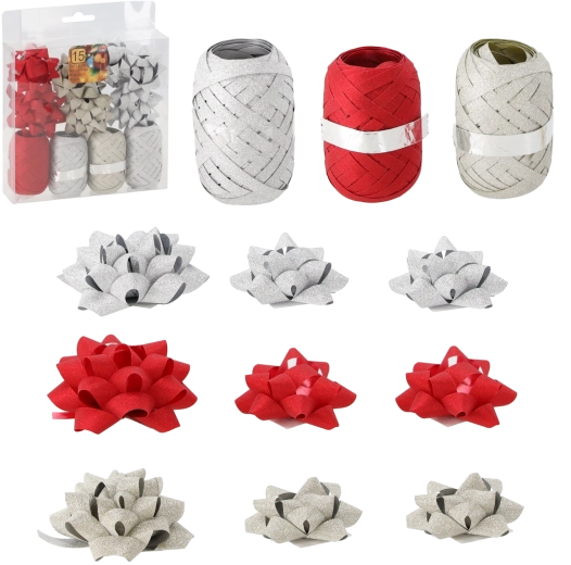 Sada na balenie darčekov – zlatá, červená a strieborná (4 stuhy + 11 maší)