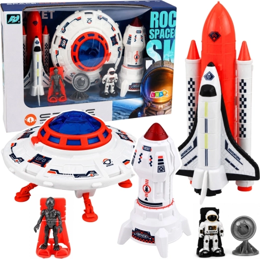 Vesmírna sada hračiek: UFO, raketa, raketoplán, astronaut, mimozemšťan a anténa